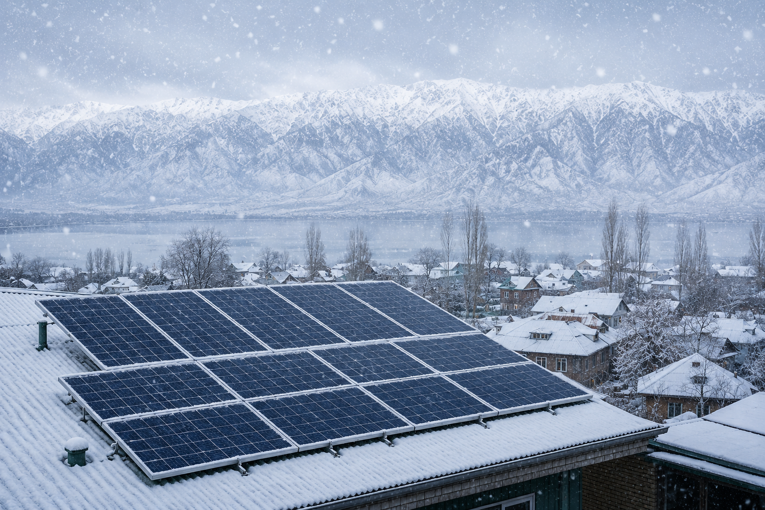 A roof is laden with solar panels in a region of Kashmir.